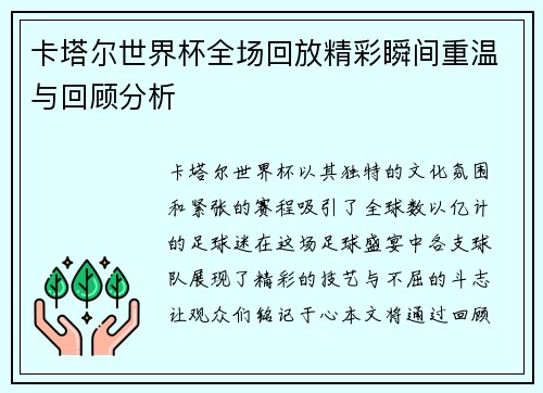 卡塔尔世界杯全场回放精彩瞬间重温与回顾分析